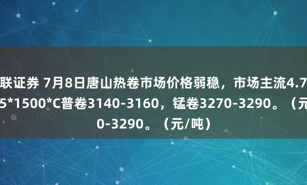 港联证券 7月8日唐山热卷市场价格弱稳，市场主流4.75-11.75*1500*C普卷3140-3160，锰卷3270-3290。（元/吨）